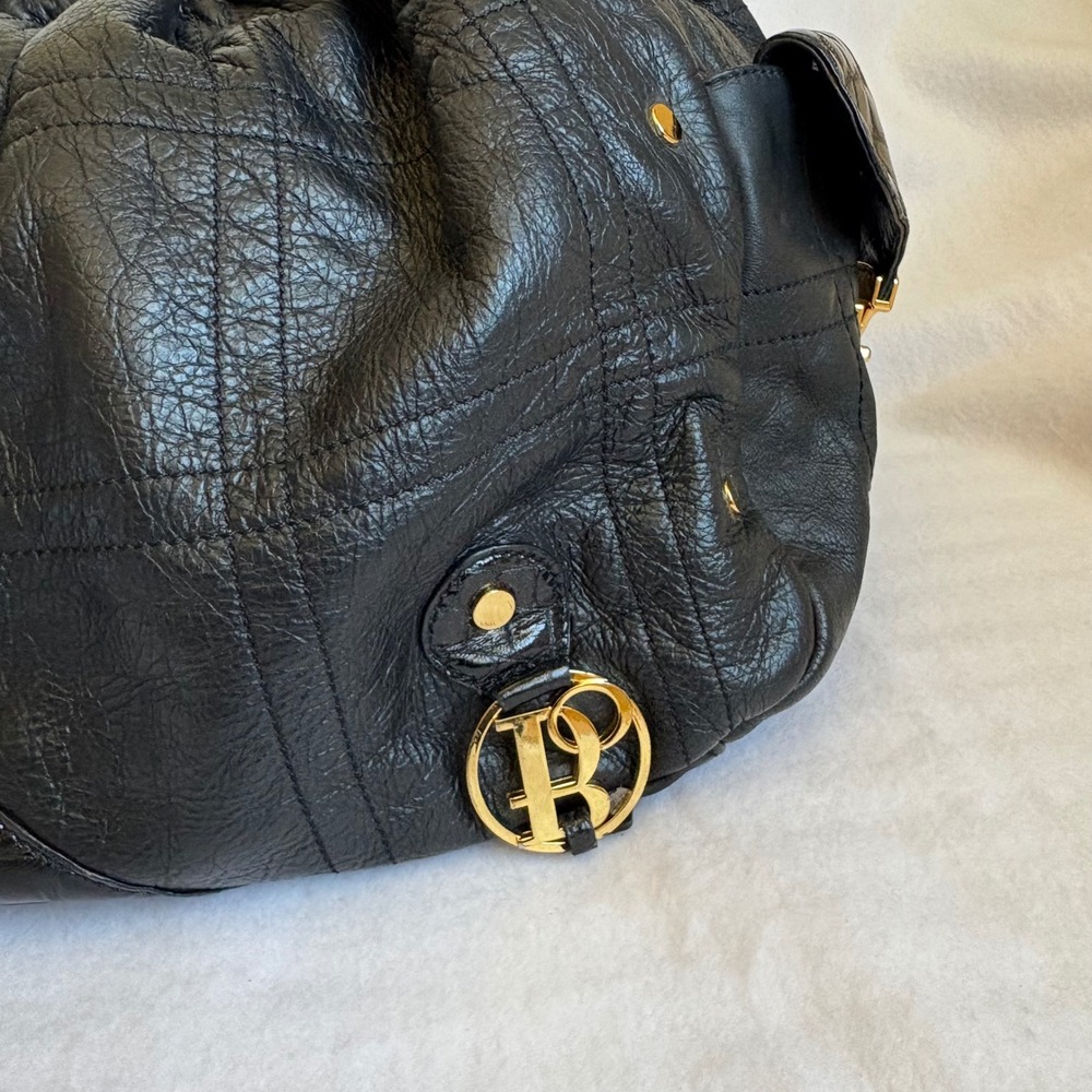 Bolzano Black Pebbled Leather Satchel Bag Gold Hardware Croc Trim Shoulder Bag - Picture 5 of 8